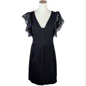 Trina Turk Black Flutter Sleeve Cocktail Evening Party Dress V-Neck Silk Trim